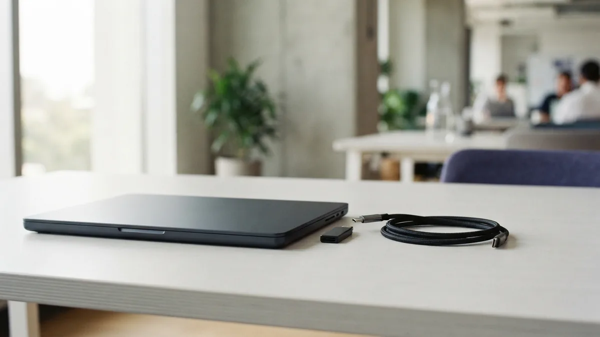 Blank laptop and security key on a desk illustrating safe API credential handling