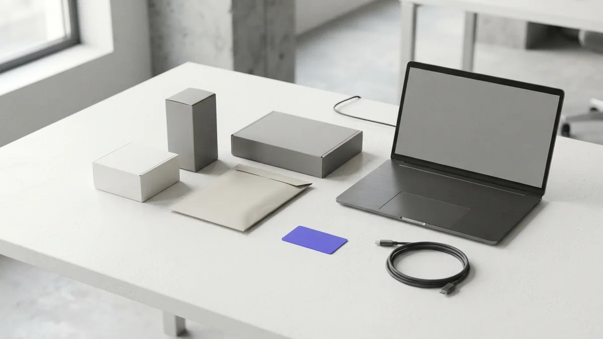 Organized ecommerce desk showing products, laptop, cables, and a single indigo accent