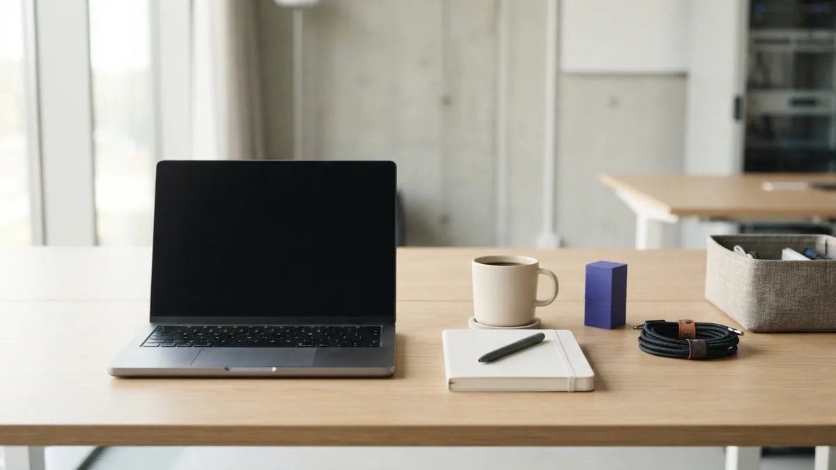 Tidy ecommerce operations desk with laptop, notebook, cables, and storage supplies