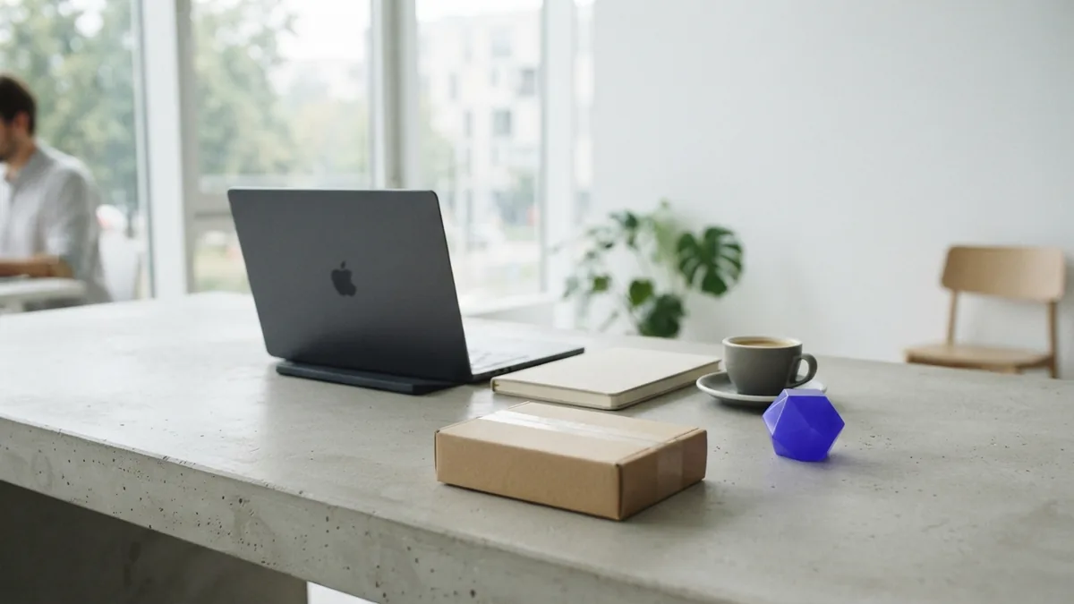 Benefits of online selling Modern ecommerce workspace with parcel box, laptop, notebook, and soft daylight