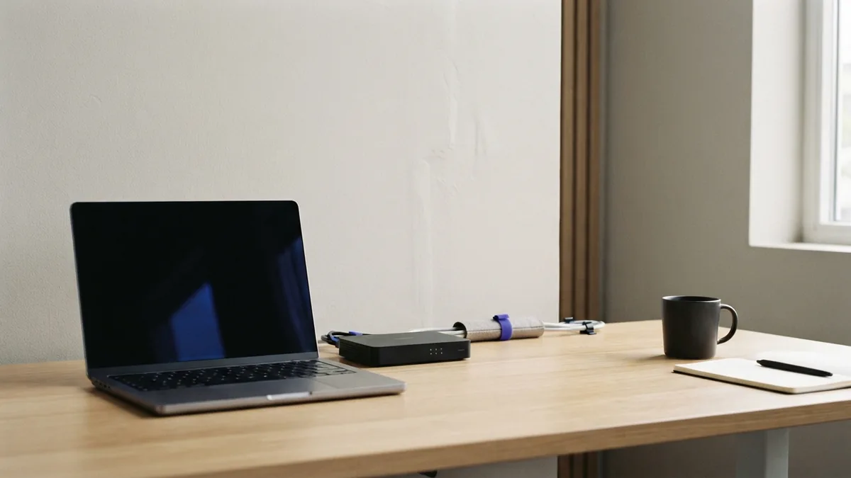 The systems behind hosted software Laptop and network hardware on a clean desk illustrating how hosted software connects online