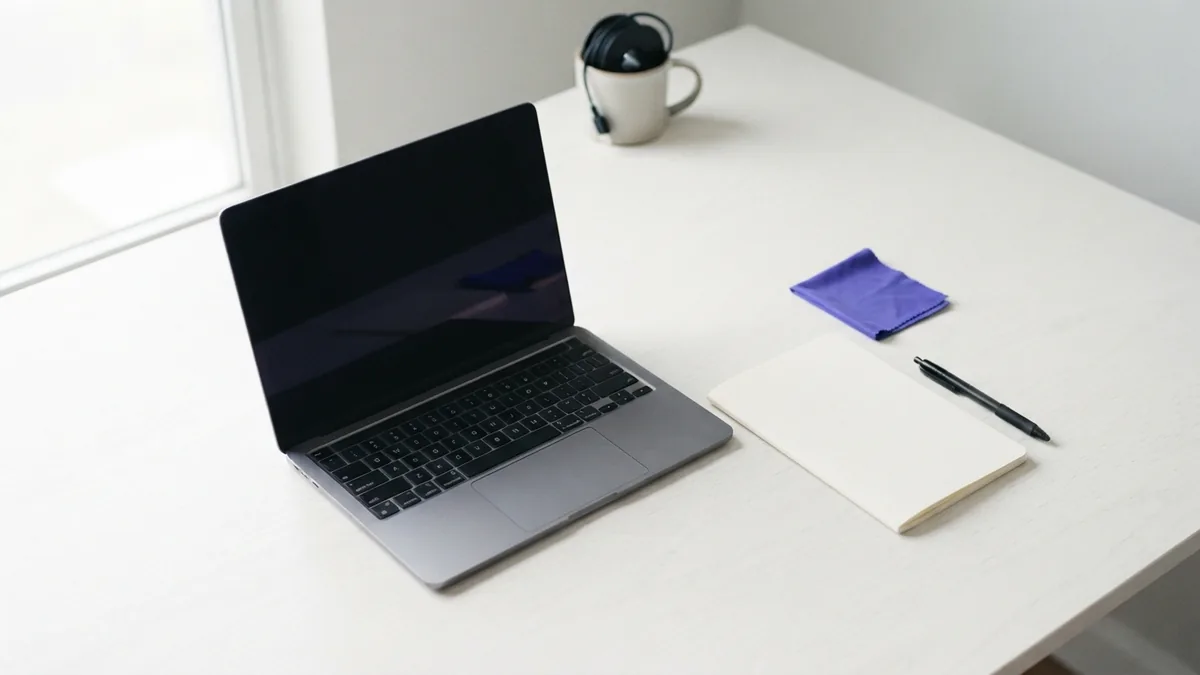 What software as a service means Laptop and plain notebook on a clean desk, representing software delivered as an online service