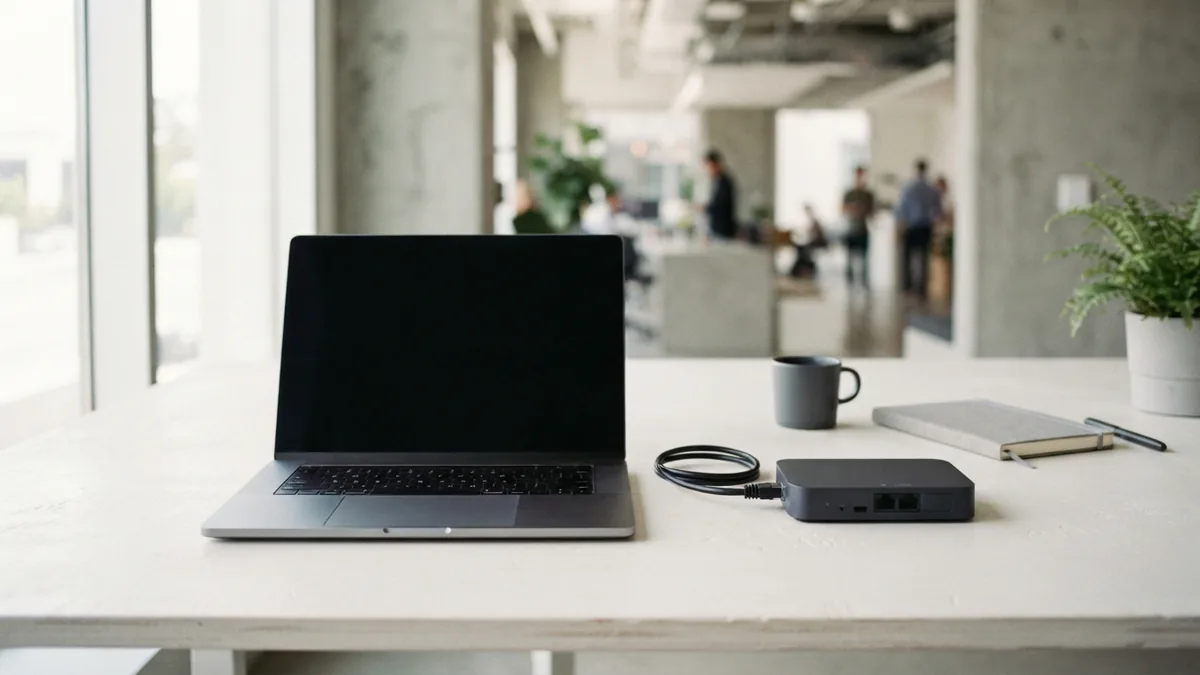 The systems that support SaaS Laptop and network hardware on a pale desk, showing the tools behind cloud software