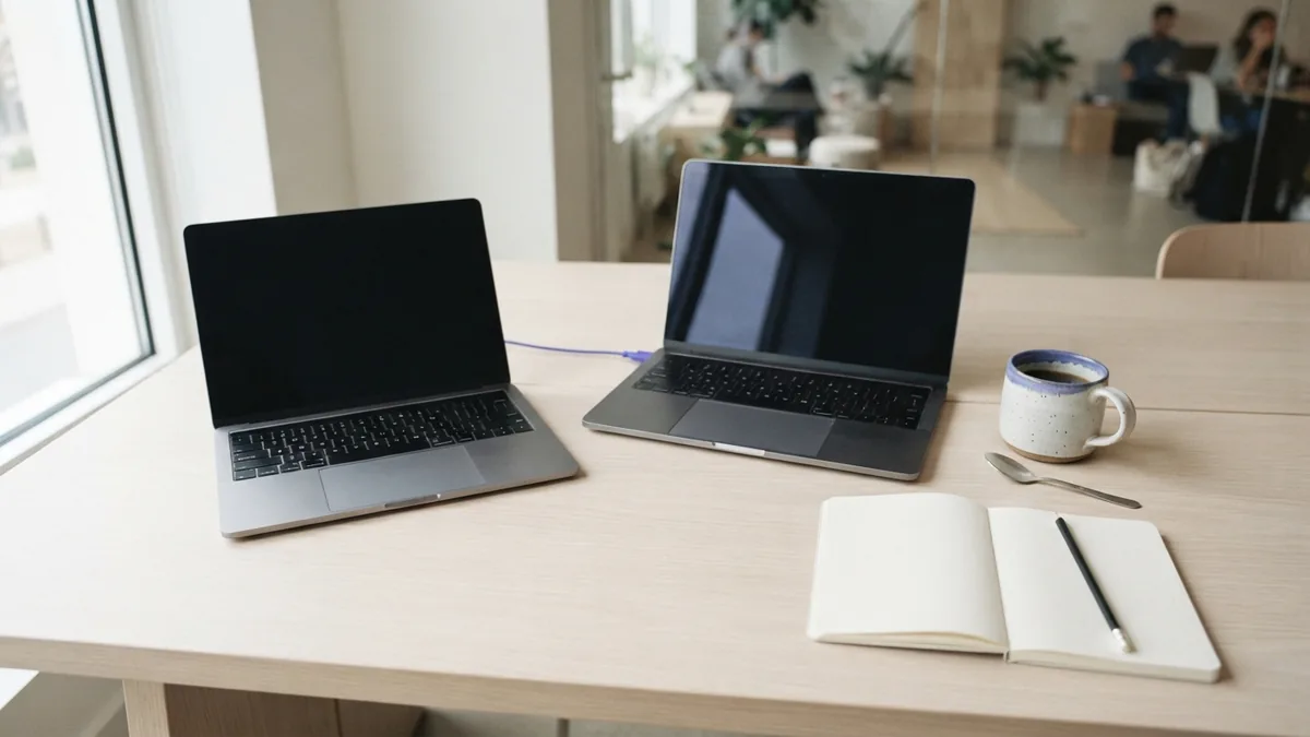 Everyday software used by business teams Two laptops and a notebook arranged on a shared desk for everyday business apps