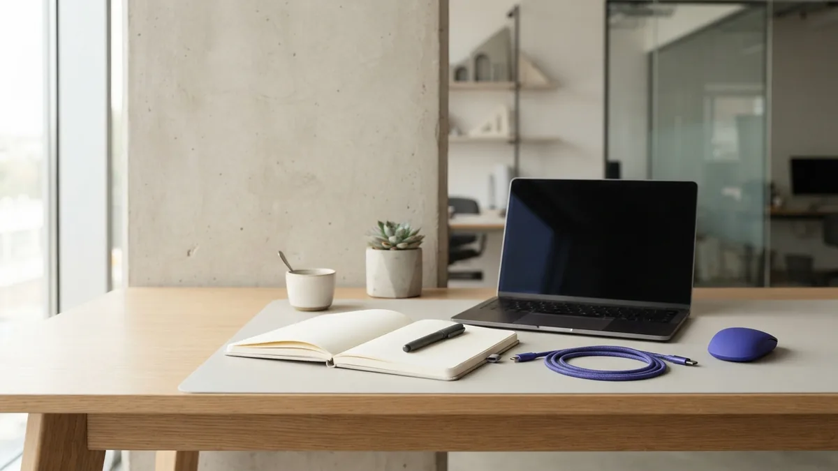 Minimal desk with blank notebook, laptop, cables, and violet detail
