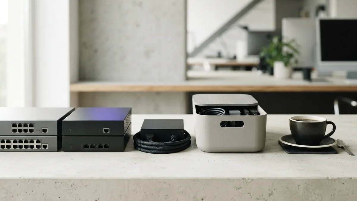 Network hardware and neatly arranged power gear on a pale work surface