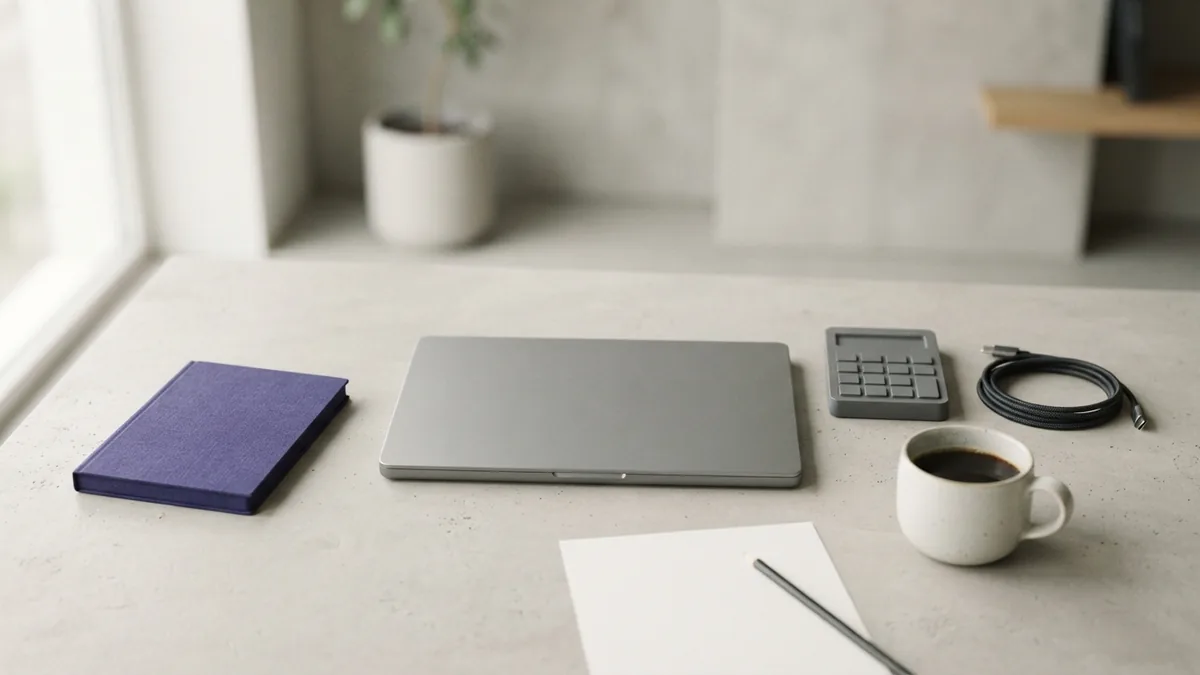 Premium workspace with a measured design Premium desk setup with laptop, cable, coffee, and violet accent
