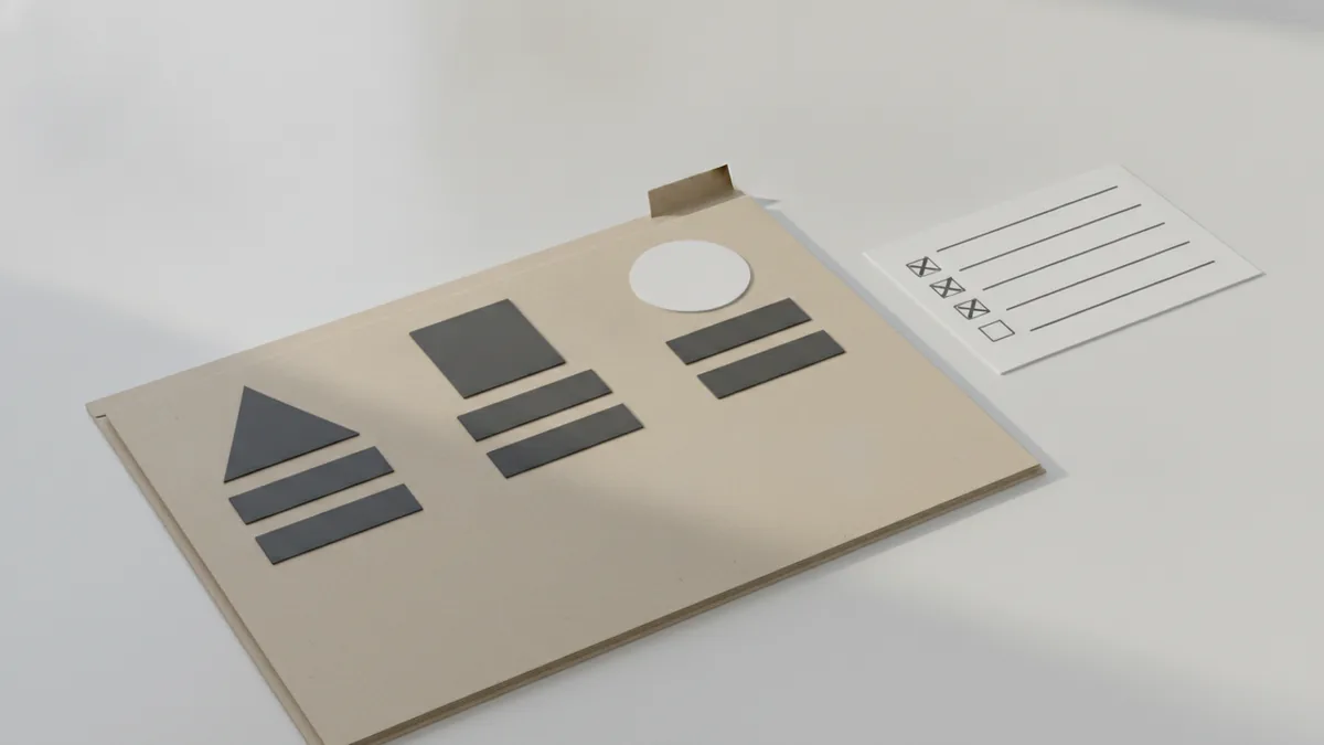 Key sections that guide design decisions Organized folder sections with colored tabs, illustrating key elements in a creative brief.