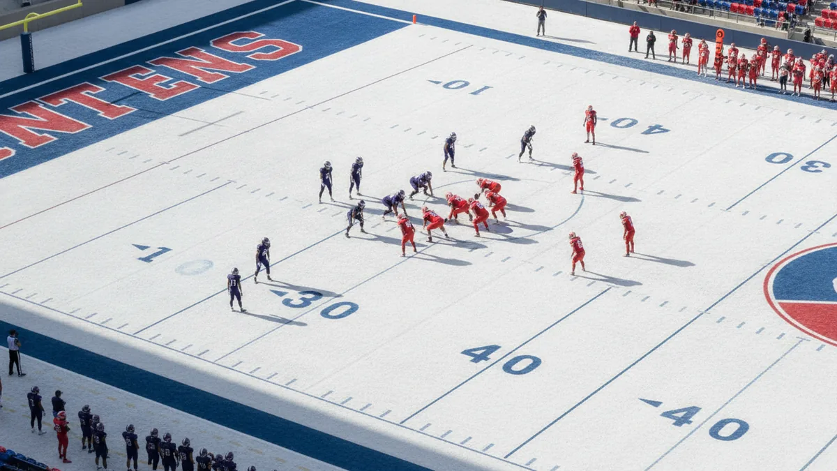 Offense vs. defense alignment Offense and defense set up across from each other for a fourth down play.