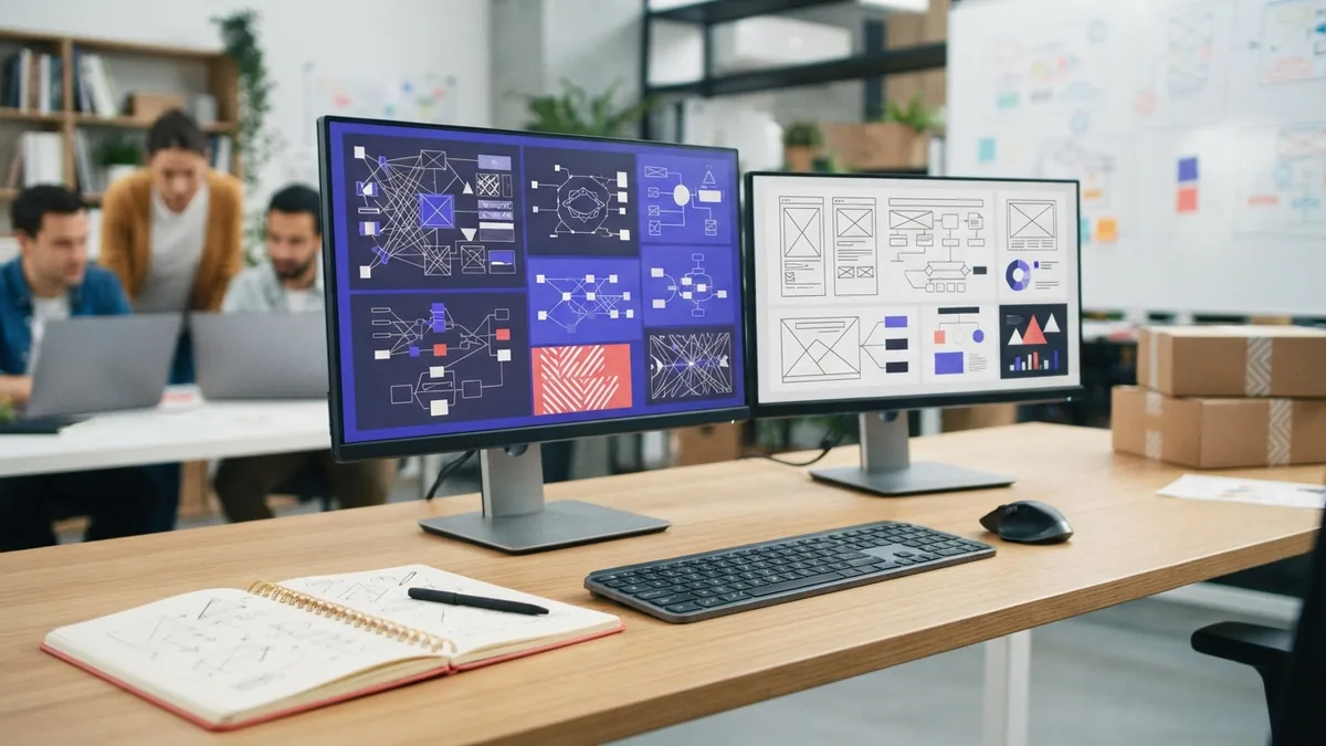 Developer workstation with frontend and backend coding tools arranged together