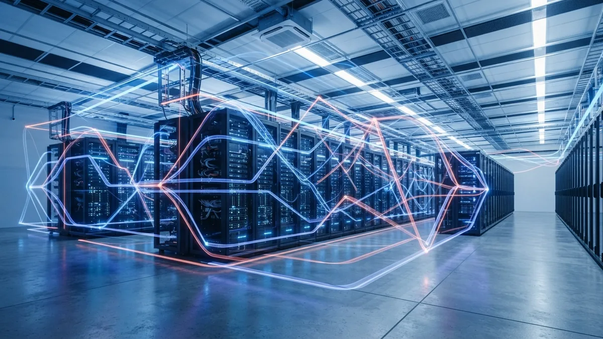Frontend backend and cloud technology Cloud server room with layered lights representing connected application services