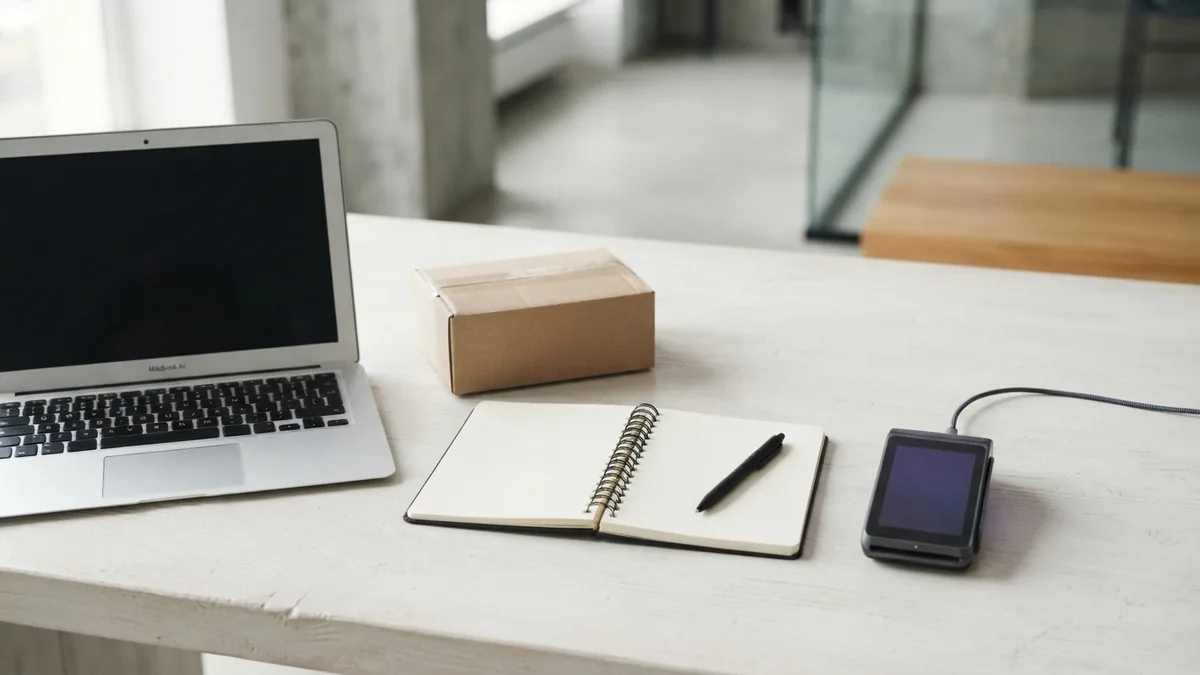 Clean retail workspace with a laptop and parcel, representing connected headless eCommerce channels