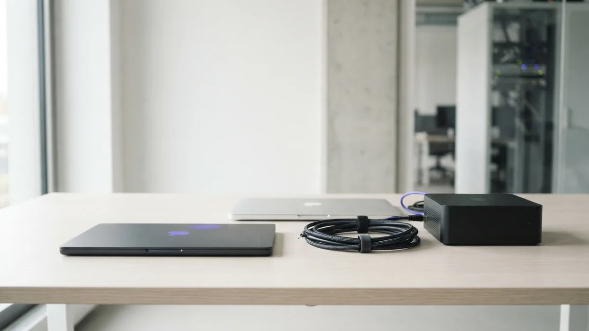 Two laptops and network hardware arranged on a bright desk for parallel software work