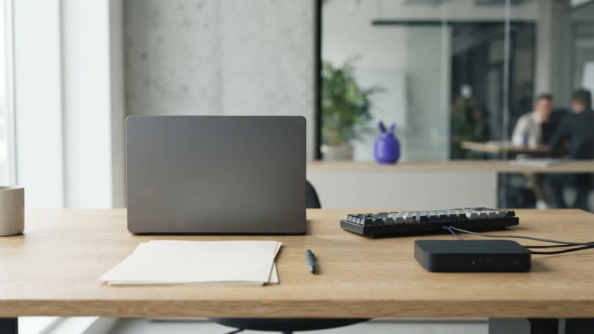 Minimal desk with laptop, blank papers, keyboard, and network device for API tool planning