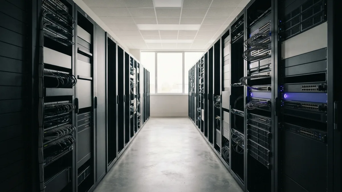 Clean server aisle and network hardware showing layered technology with a subtle indigo accent