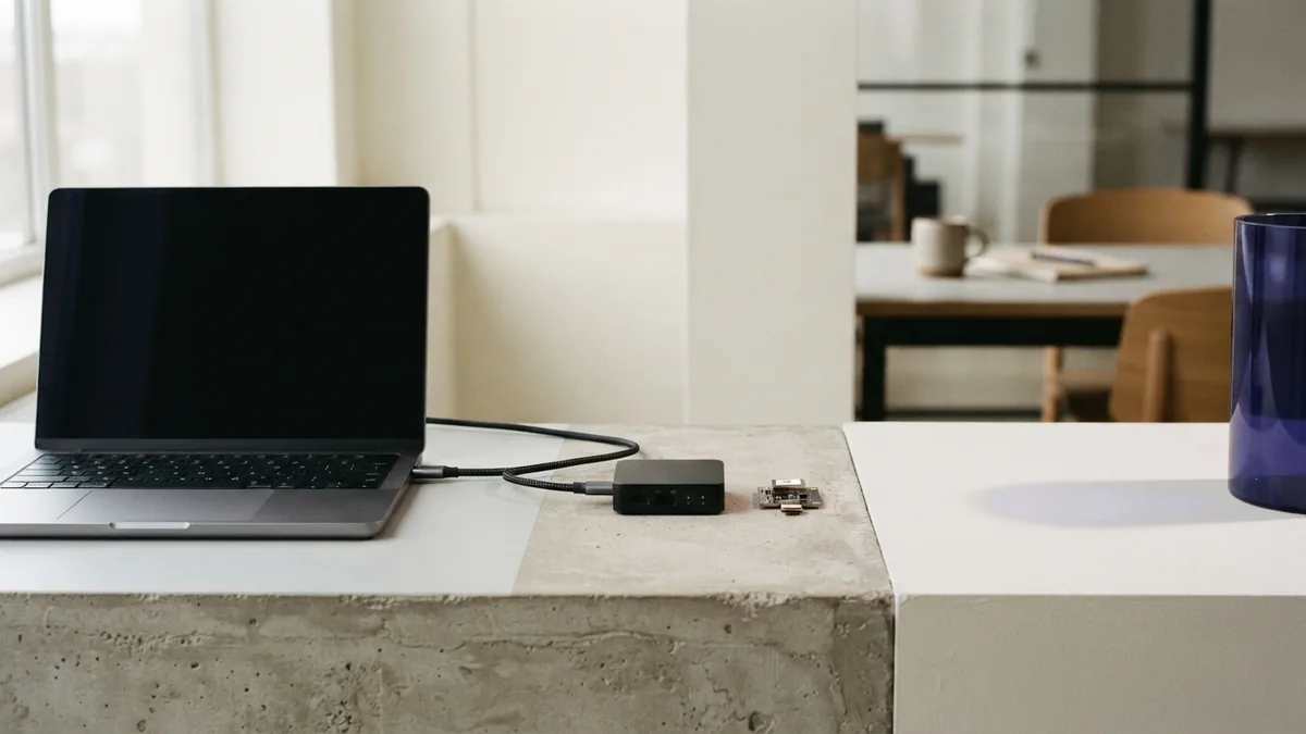 Laptop, network device, cables, and sensor hardware showing REST API use across connected systems