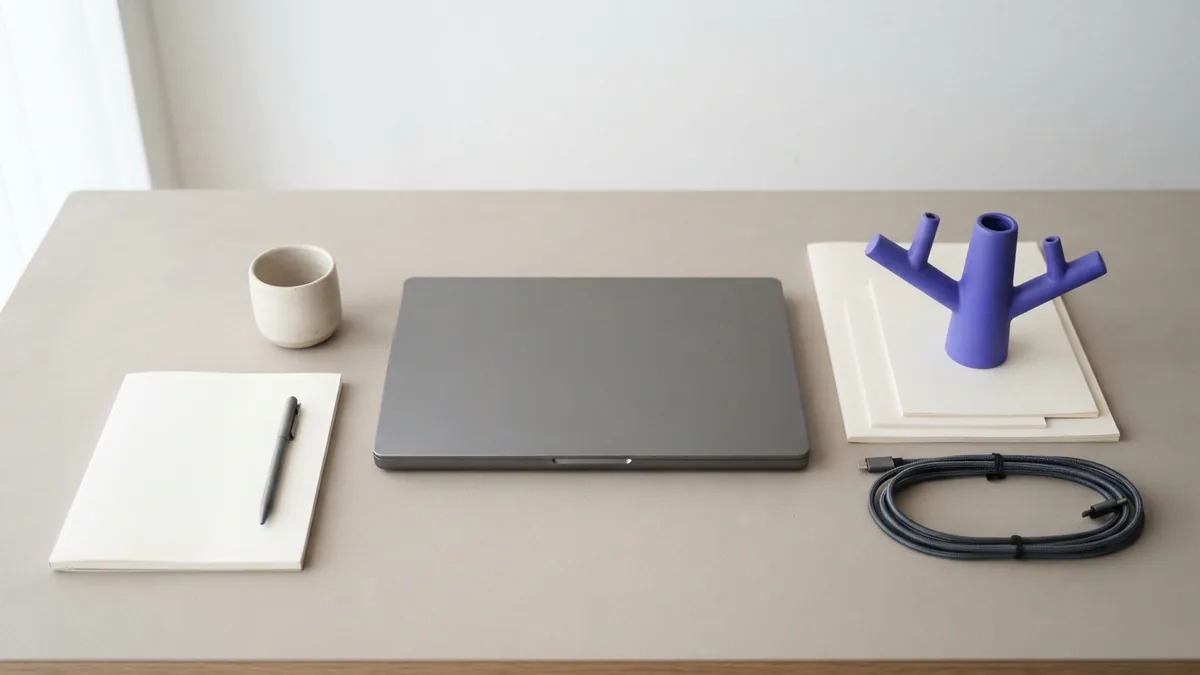 Flat-lay desk with blank planning sheets and neatly arranged technology tools