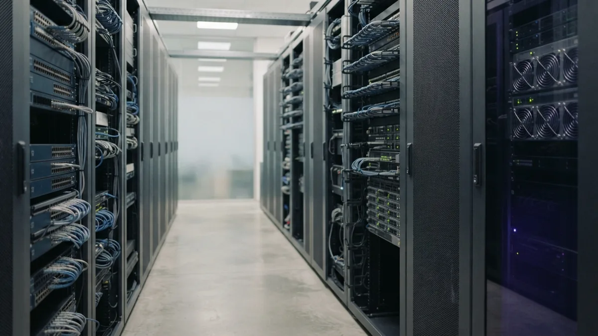 Video streaming infrastructure Clean server aisle and network hardware representing video streaming API infrastructure
