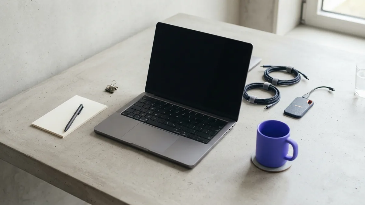 Workspace for API integration Minimal desk setup with laptop, storage drive, and cables for API integration work