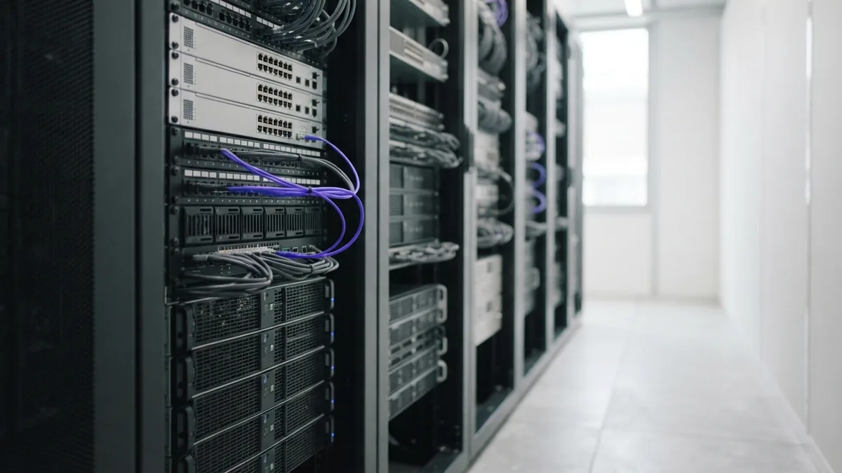 Clean server aisle and network hardware showing the infrastructure behind cloud phone calls