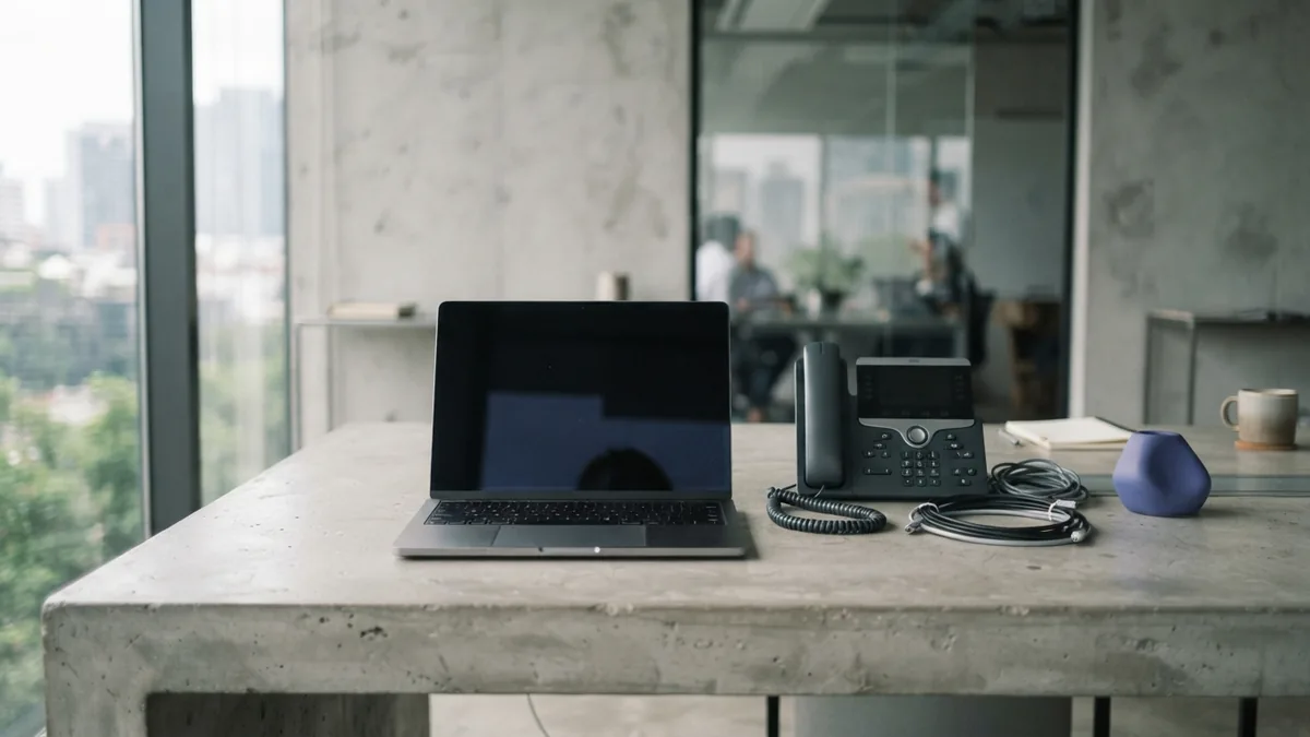 Minimal desk with phone hardware and laptop for customer support voice workflows