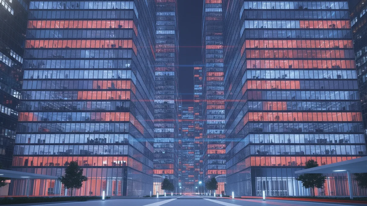 City lights suggesting chat, dashboards, games, and collaboration across connected users