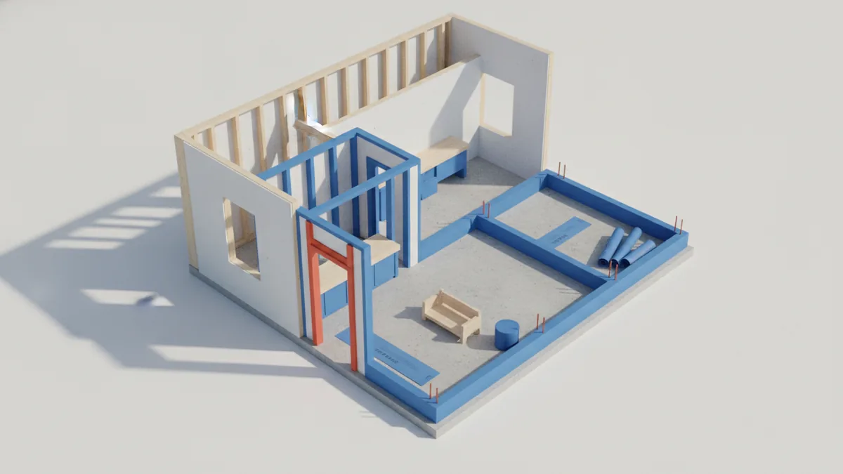 Architectural planning elements illustrating an ADU layout conversion concept