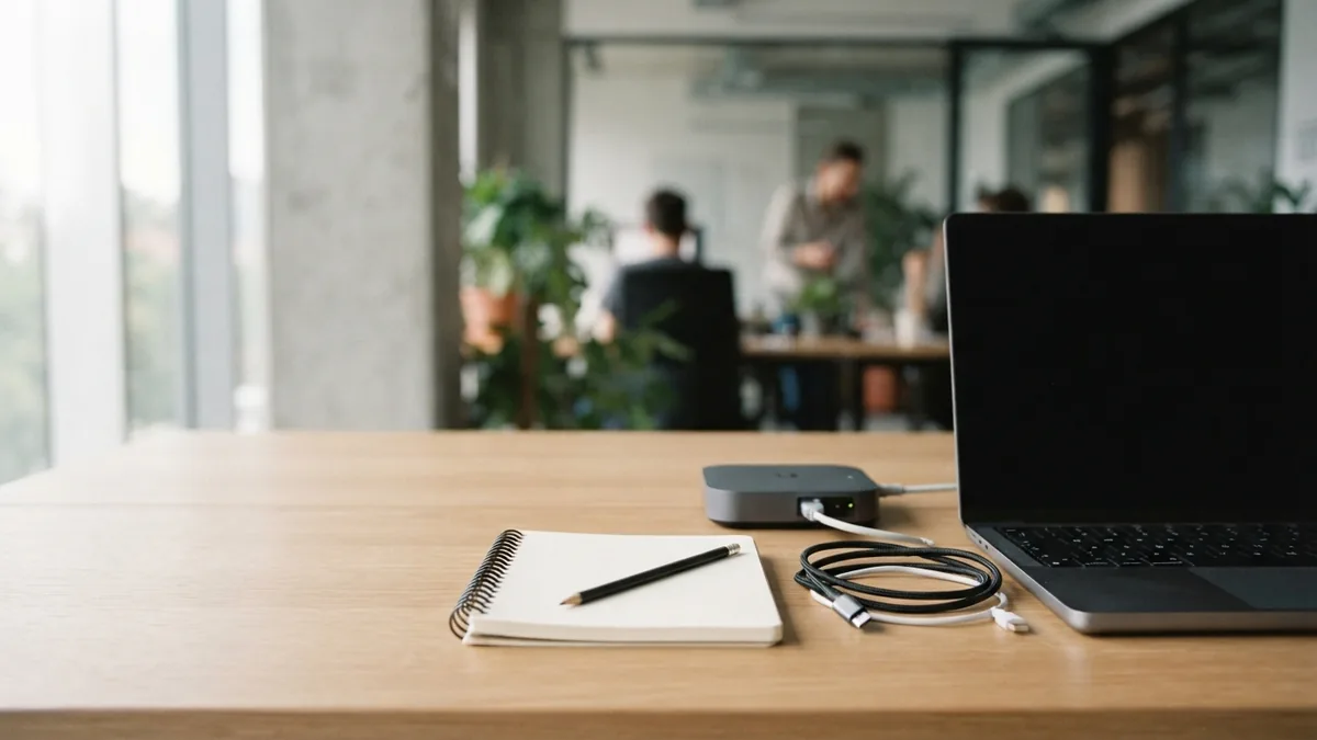 Core parts of an API Clean desk with router, cables, notebook, and laptop representing API components