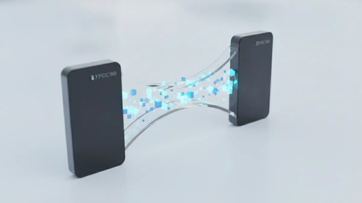 Two software systems exchanging structured data through a shared interface contract.