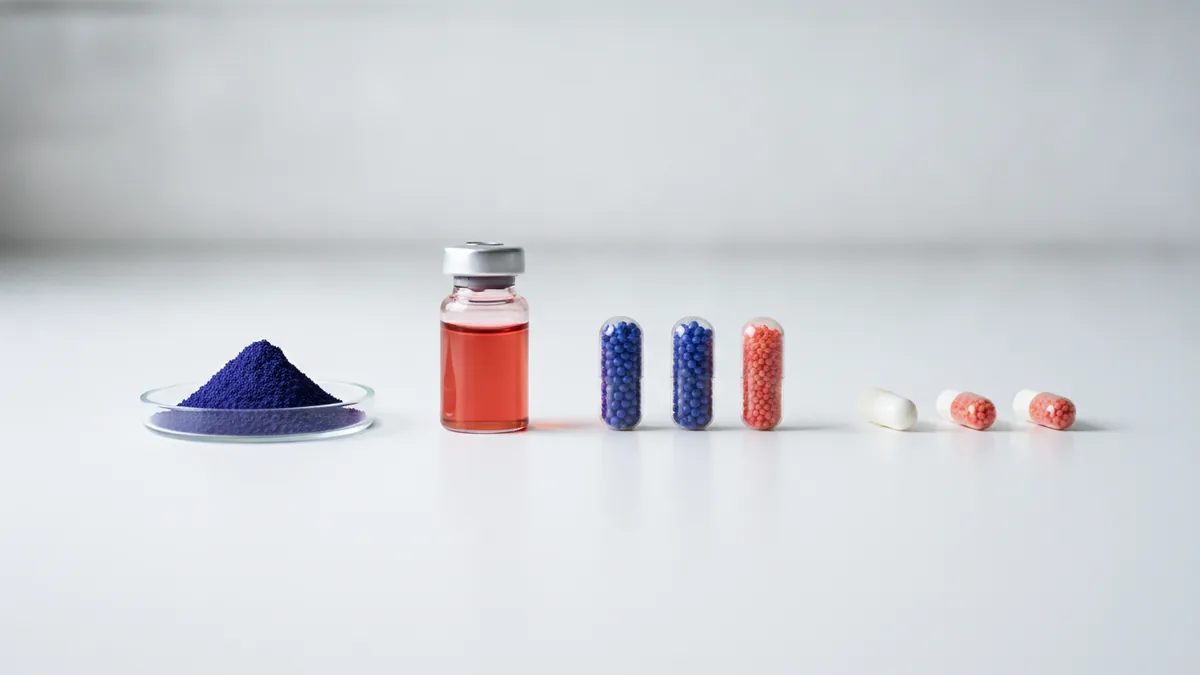 Types of active pharmaceutical ingredients Different pharmaceutical API forms shown as powder, peptide vial, and capsules