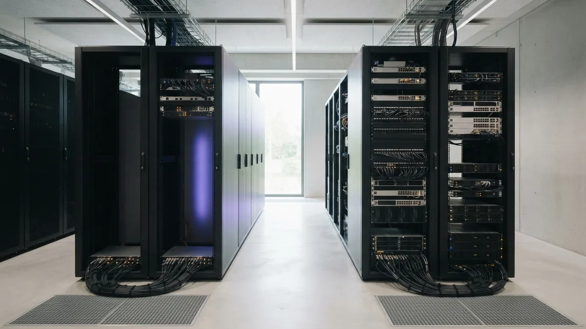 Server aisle and network hardware showing the calm structure behind API requests