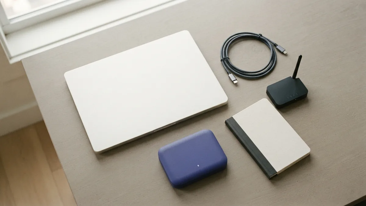 Different API types Laptop, router, cable, and notebook arranged to represent common API types