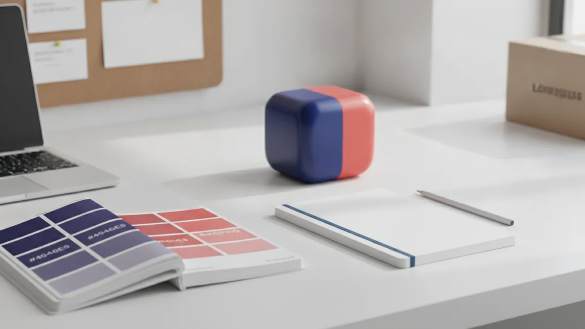 Brand identity creation Color and messaging tools on a desk for building a consistent ecommerce brand