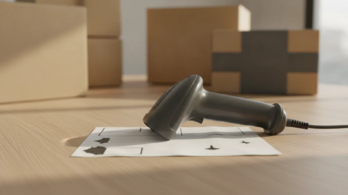 Product packaging and scanning tools symbolizing catalog automation
