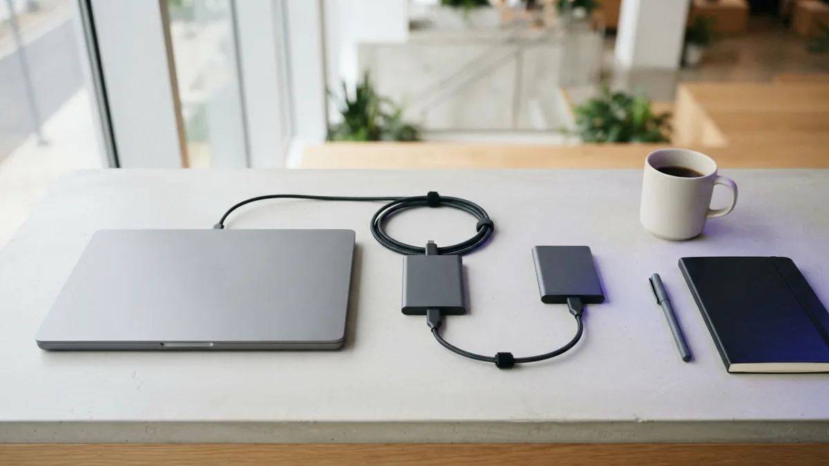 A staged workflow for data conversion Storage drives and laptop arranged to suggest a staged data conversion workflow