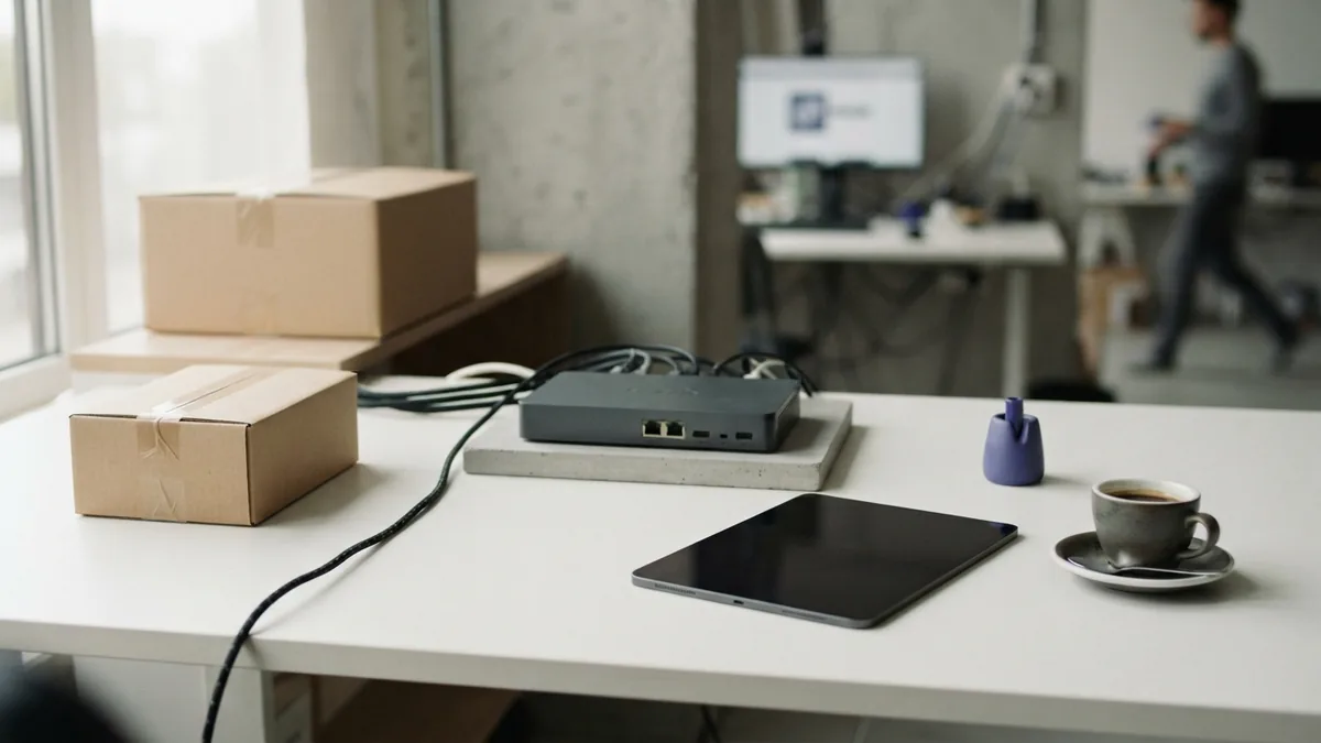 Ecommerce tools and parcels arranged on a clean desk with subtle violet contrast