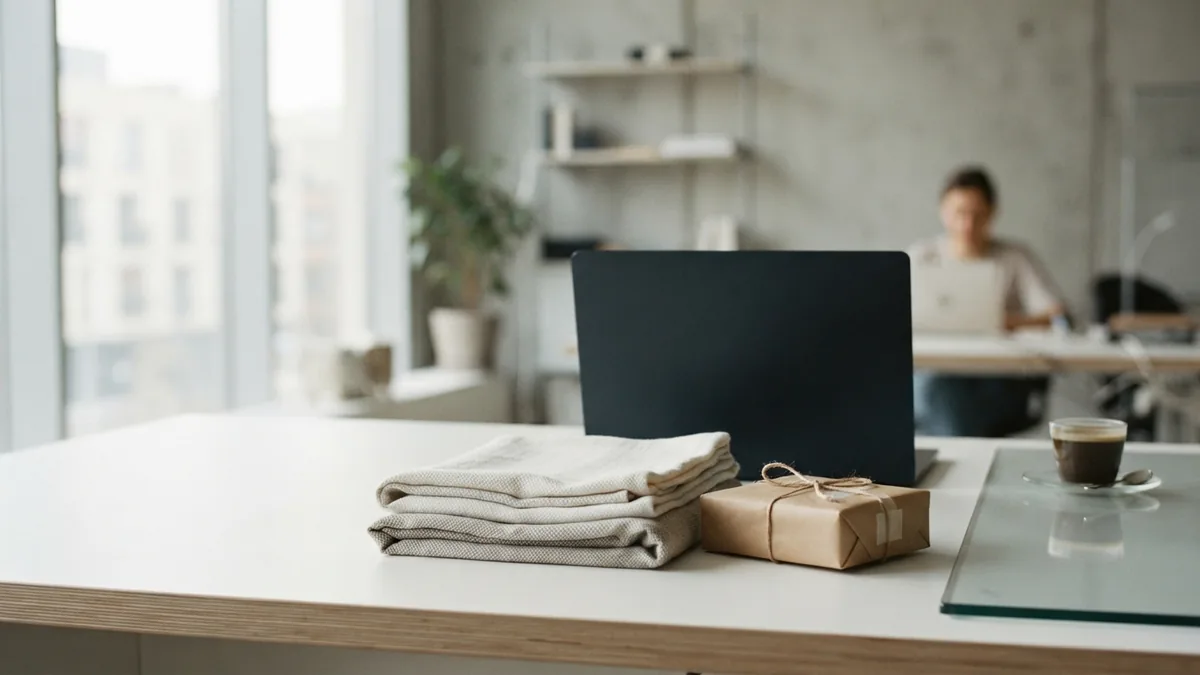 Retail ecommerce scene with parcel, folded goods, glass, and soft natural daylight