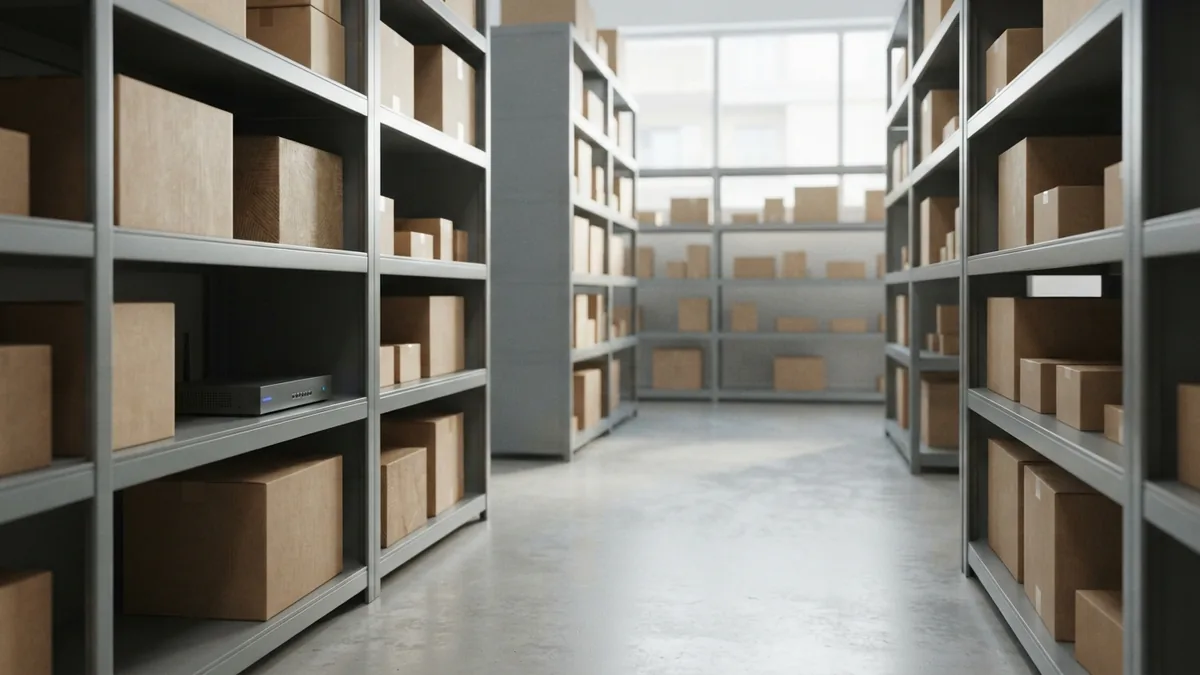 Ecommerce shipping and logistics Clean warehouse aisle with parcels and network hardware showing ecommerce logistics