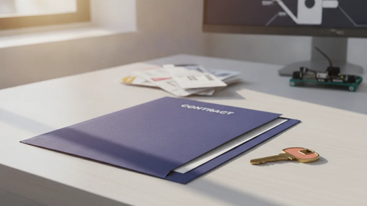 Equitable vs legal ownership Contract folder and house key on a desk representing signed terms