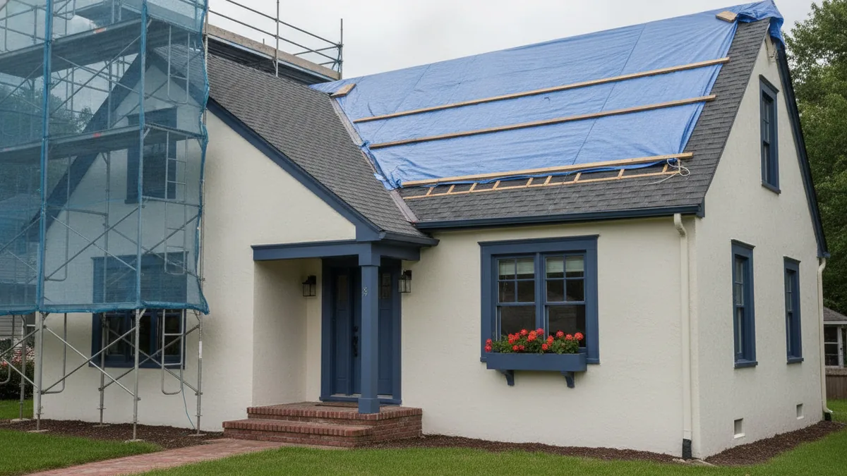 Risk of loss between contract dates Home exterior with roof repair cues representing risk of loss