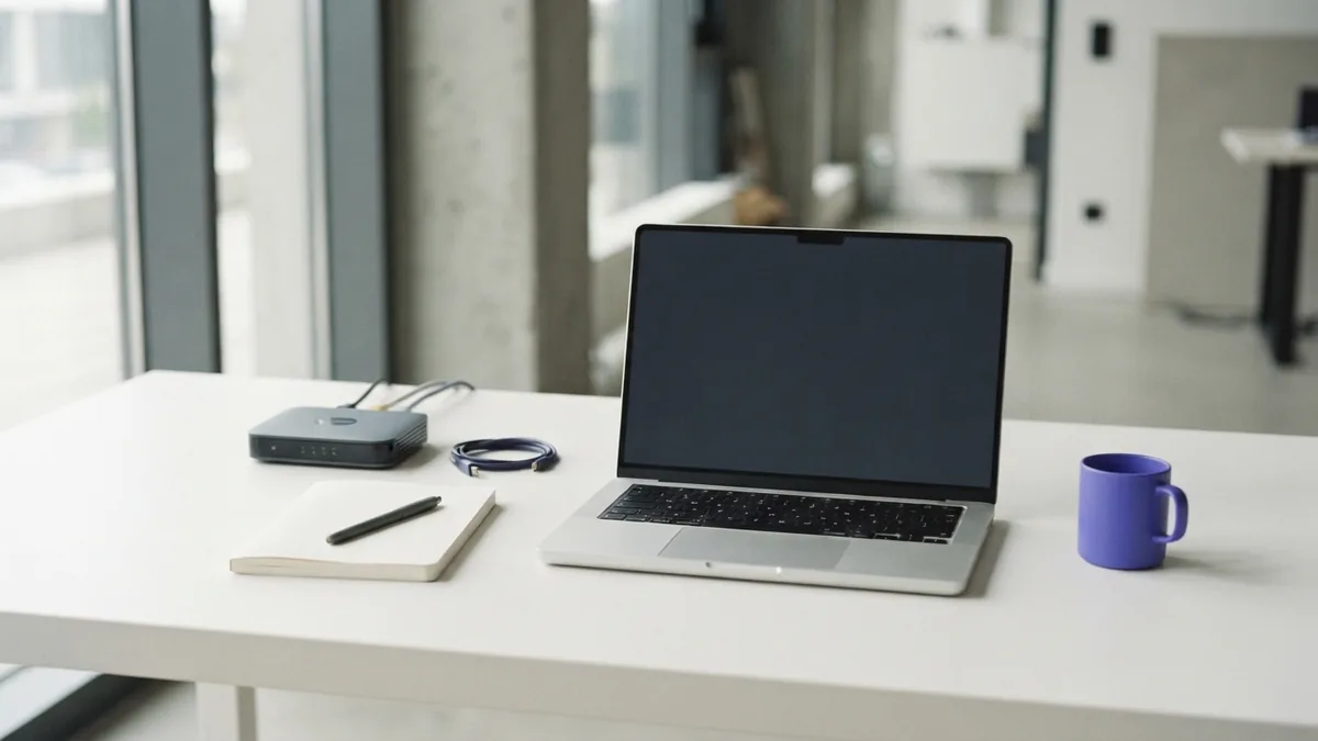 The connected layers of a software stack Laptop beside network hardware, showing the front-end and back-end sides of software development