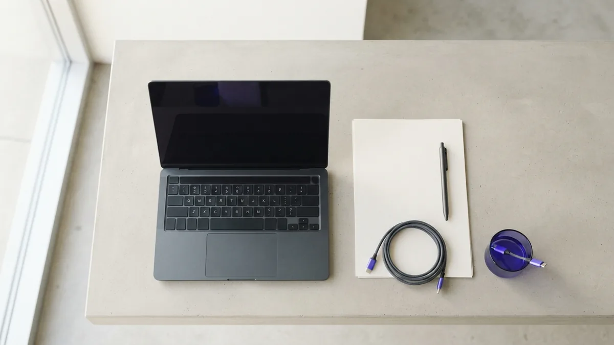 A workspace for building core coding skills Laptop and blank notebook arranged on a bright desk for studying full stack development skills