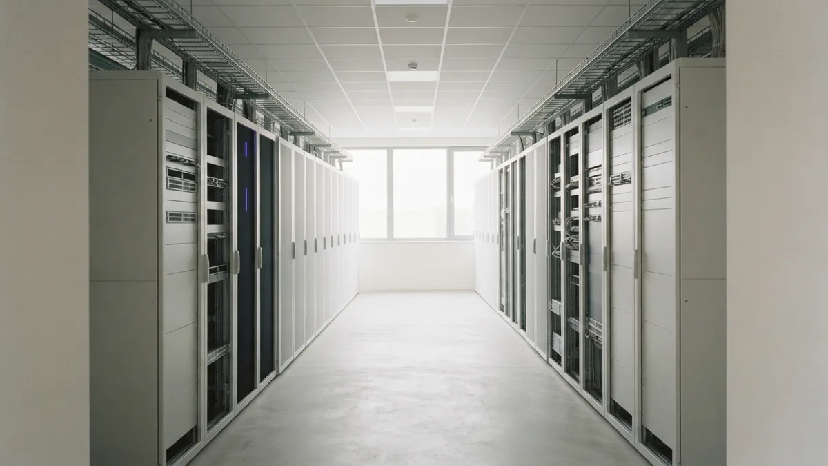 Flexible cloud infrastructure Bright server aisle representing flexible IaaS infrastructure and scalable cloud resources