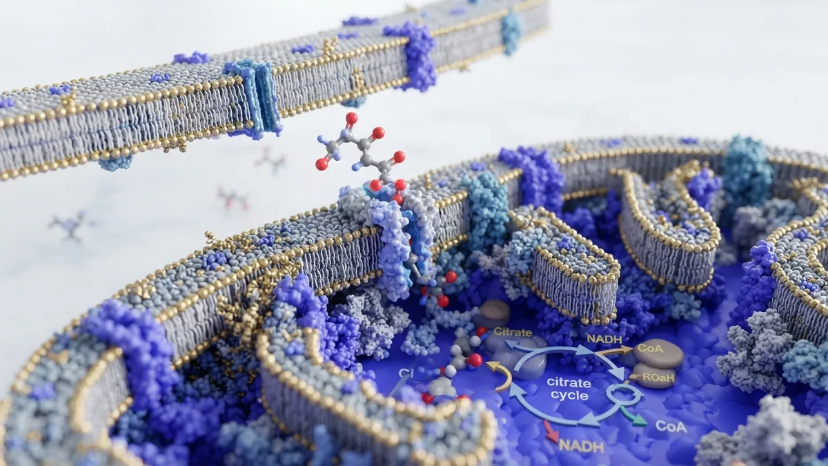 Pyruvate moves into the mitochondrion Scientific molecular view of pyruvate entering a mitochondrion during cell respiration