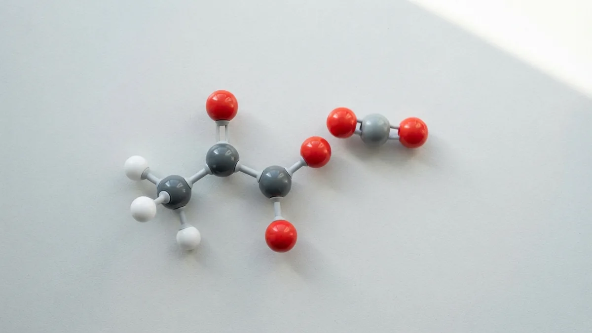 Carbon dioxide leaves pyruvate Molecular model showing carbon dioxide leaving pyruvate during decarboxylation