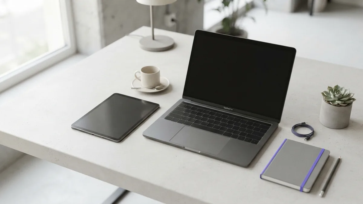 Laptop and tablet on a clean desk representing SaaS access across devices