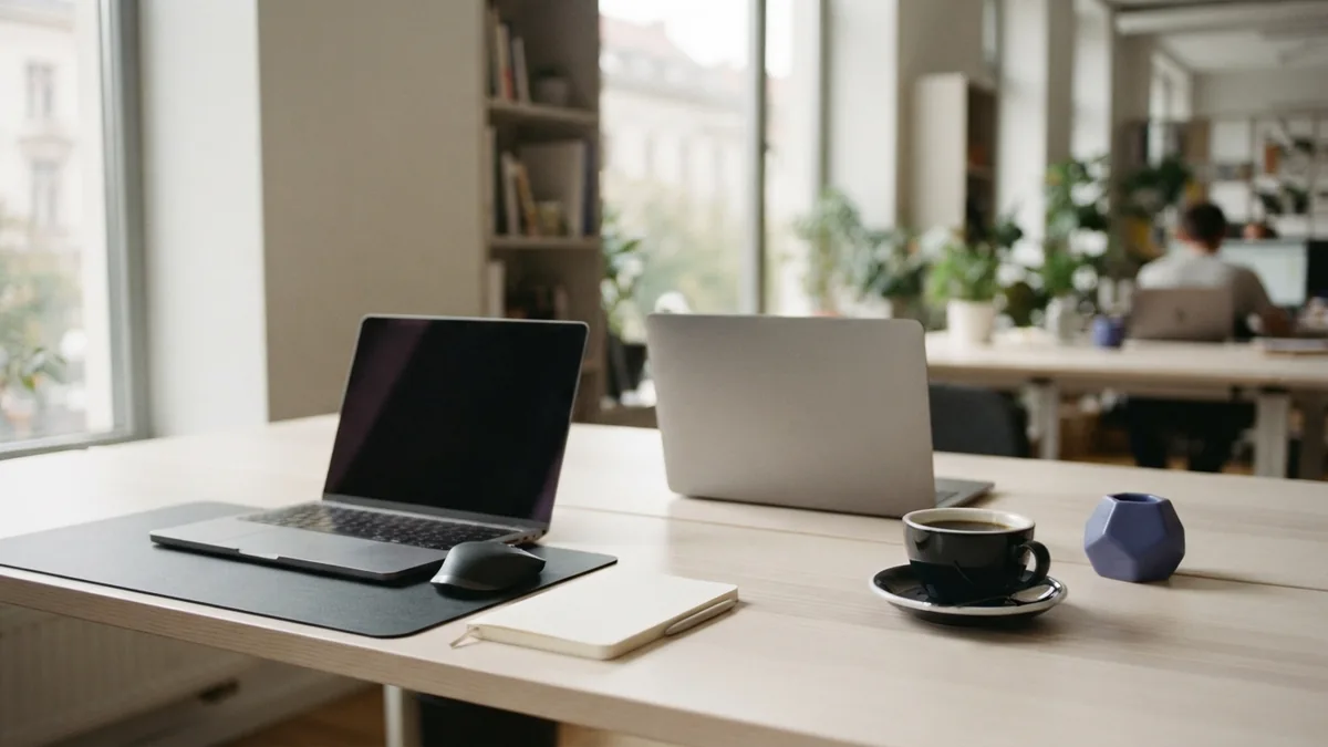 Tidy shared workspace with laptops and coffee, reflecting flexible SaaS use