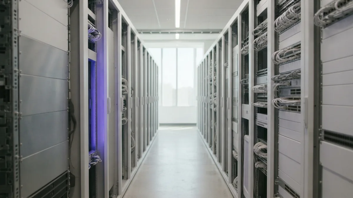 Bright server aisle representing the cloud systems that run SaaS applications