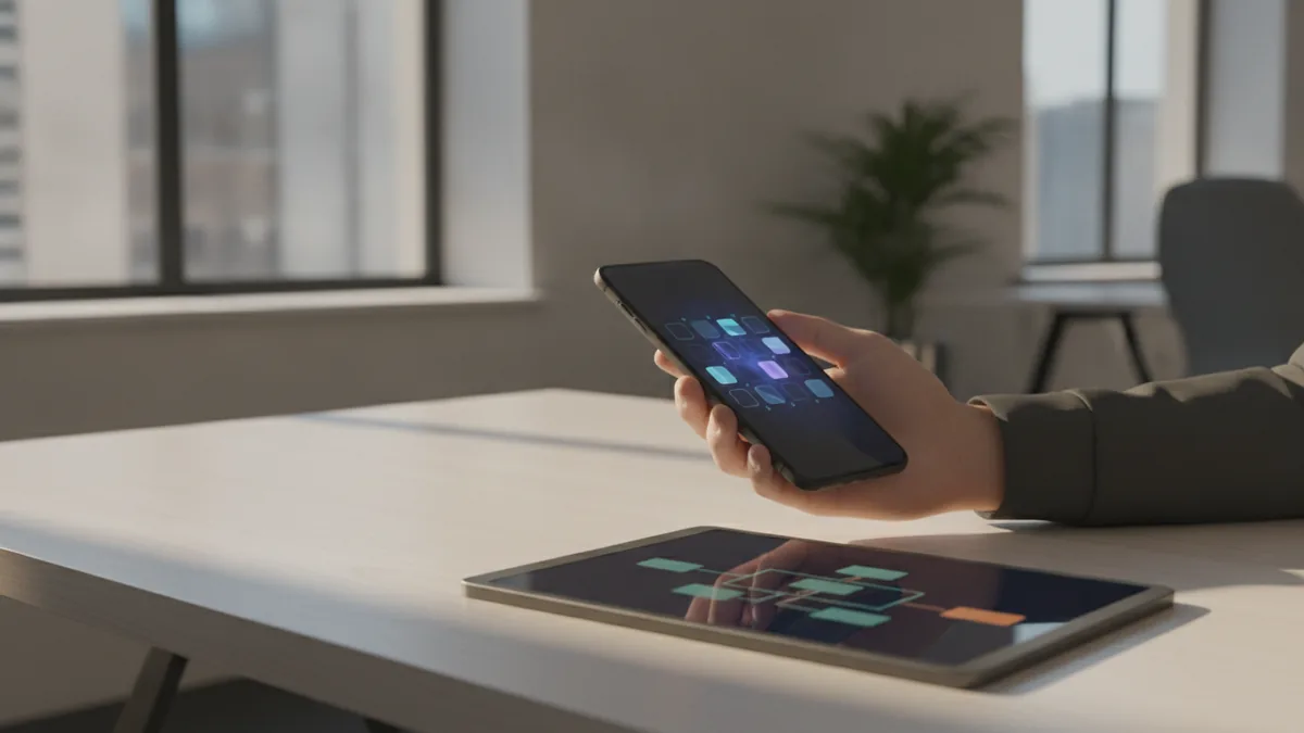 Access SaaS from any device Devices on a desk showing app-style screens representing SaaS access without installs.