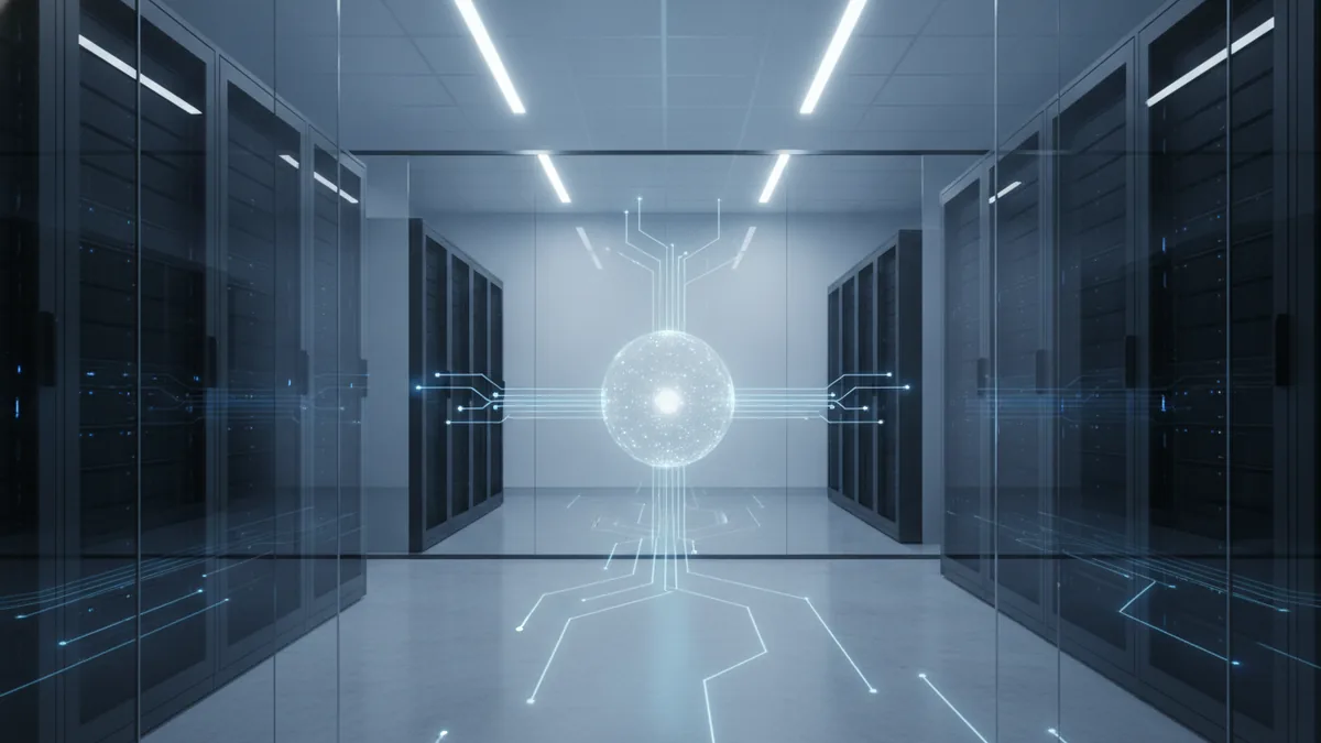Server room setting that represents hosted SaaS running in the cloud.